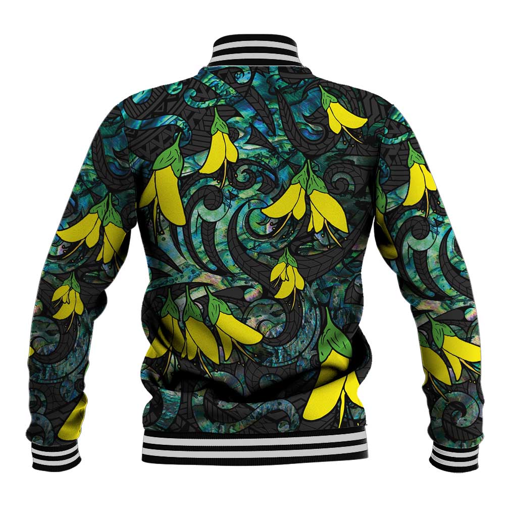 New Zealand Kowhai Flowers Baseball Jacket Maori Koru Pattern With Paua Shell Style LT03 - Polynesian Pride