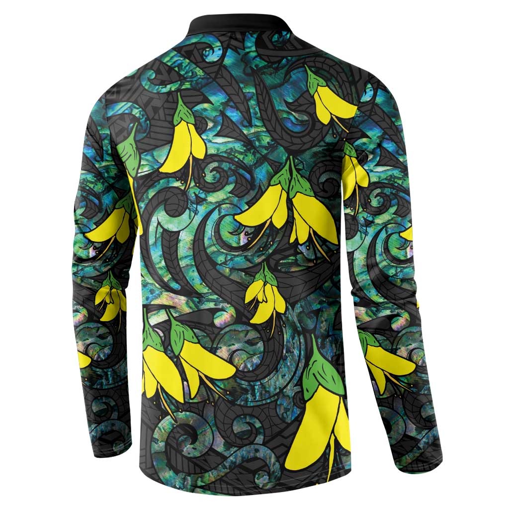 New Zealand Kowhai Flowers Button Sweatshirt Maori Koru Pattern With Paua Shell Style