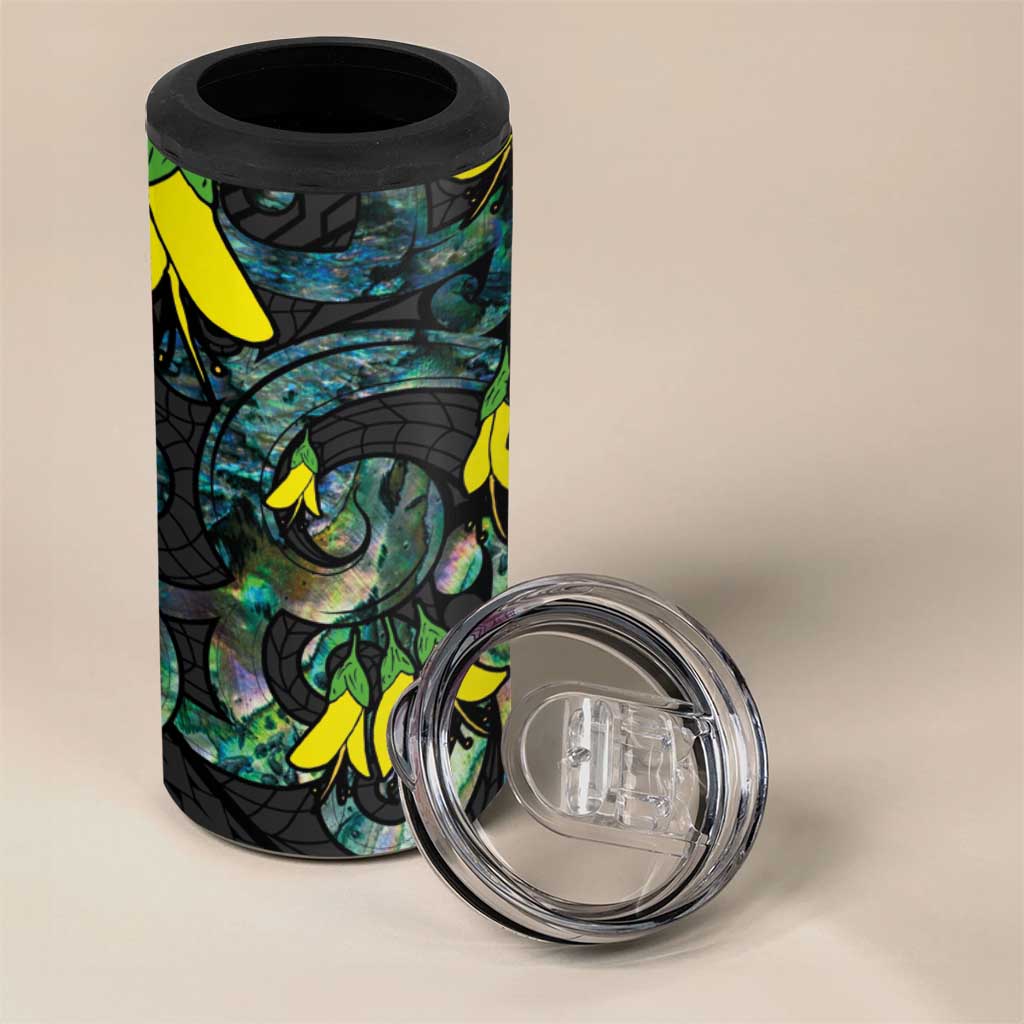 New Zealand Kowhai Flowers 4 in 1 Can Cooler Tumbler Maori Koru Pattern With Paua Shell Style LT03 - Polynesian Pride