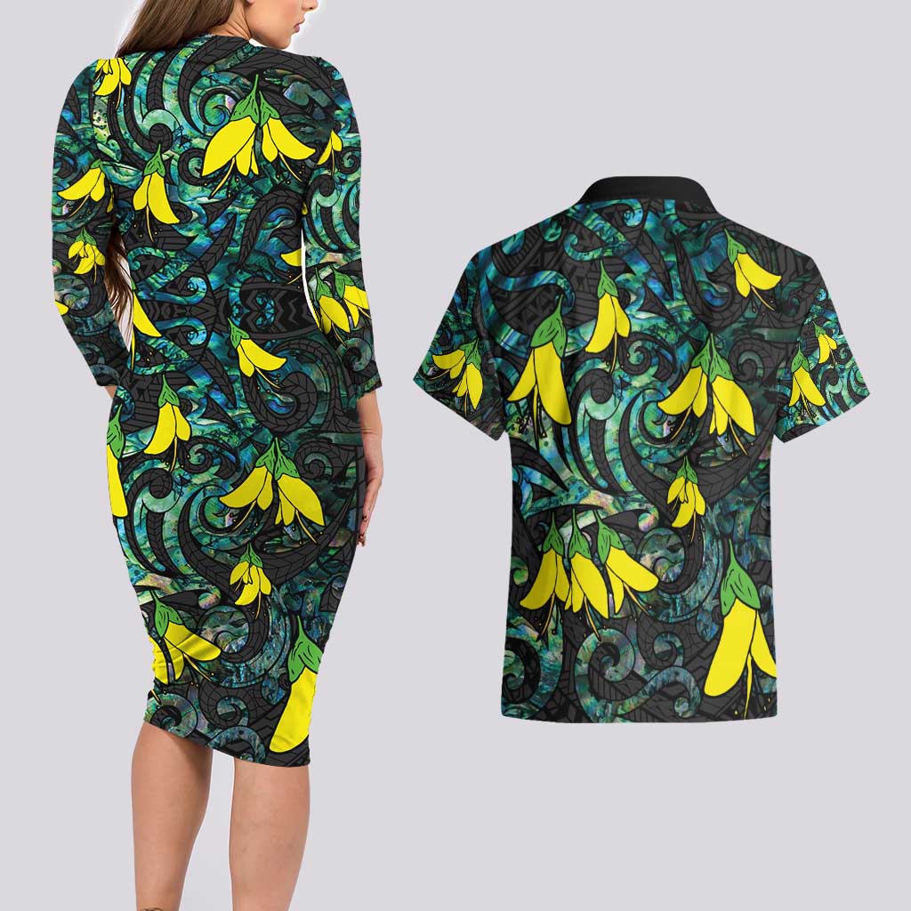 New Zealand Kowhai Flowers Couples Matching Long Sleeve Bodycon Dress and Hawaiian Shirt Maori Koru Pattern With Paua Shell Style LT03 - Polynesian Pride