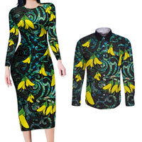 New Zealand Kowhai Flowers Couples Matching Long Sleeve Bodycon Dress and Long Sleeve Button Shirt Maori Koru Pattern With Paua Shell Style LT03 Black - Polynesian Pride