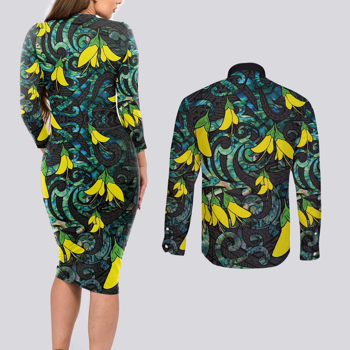 New Zealand Kowhai Flowers Couples Matching Long Sleeve Bodycon Dress and Long Sleeve Button Shirt Maori Koru Pattern With Paua Shell Style LT03 - Polynesian Pride