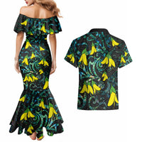 New Zealand Kowhai Flowers Couples Matching Mermaid Dress and Hawaiian Shirt Maori Koru Pattern With Paua Shell Style LT03 - Polynesian Pride