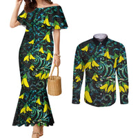 New Zealand Kowhai Flowers Couples Matching Mermaid Dress and Long Sleeve Button Shirt Maori Koru Pattern With Paua Shell Style LT03 Black - Polynesian Pride