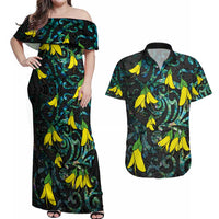 New Zealand Kowhai Flowers Couples Matching Off Shoulder Maxi Dress and Hawaiian Shirt Maori Koru Pattern With Paua Shell Style LT03 Black - Polynesian Pride