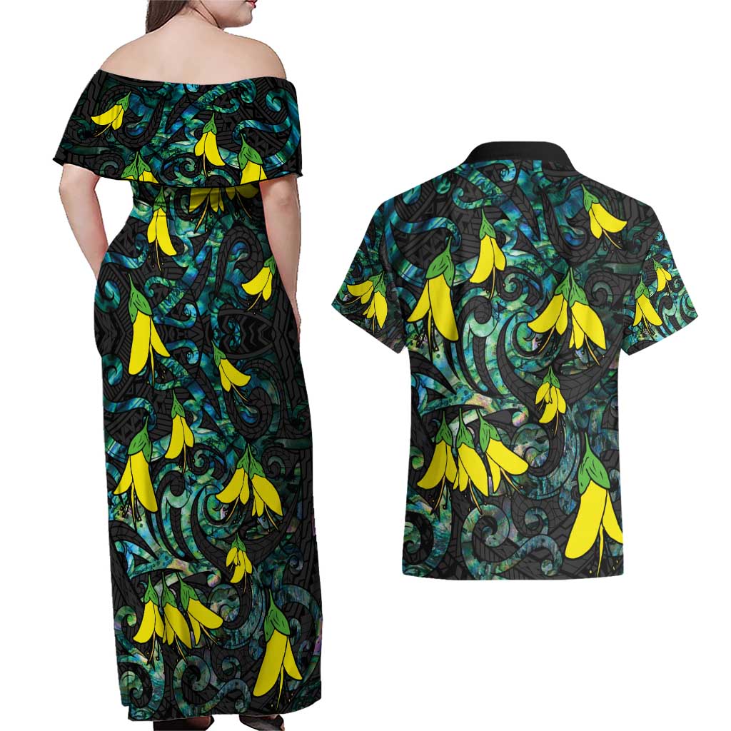 New Zealand Kowhai Flowers Couples Matching Off Shoulder Maxi Dress and Hawaiian Shirt Maori Koru Pattern With Paua Shell Style LT03 - Polynesian Pride