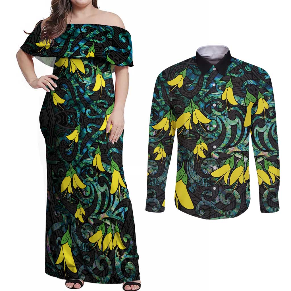 New Zealand Kowhai Flowers Couples Matching Off Shoulder Maxi Dress and Long Sleeve Button Shirt Maori Koru Pattern With Paua Shell Style LT03 Black - Polynesian Pride
