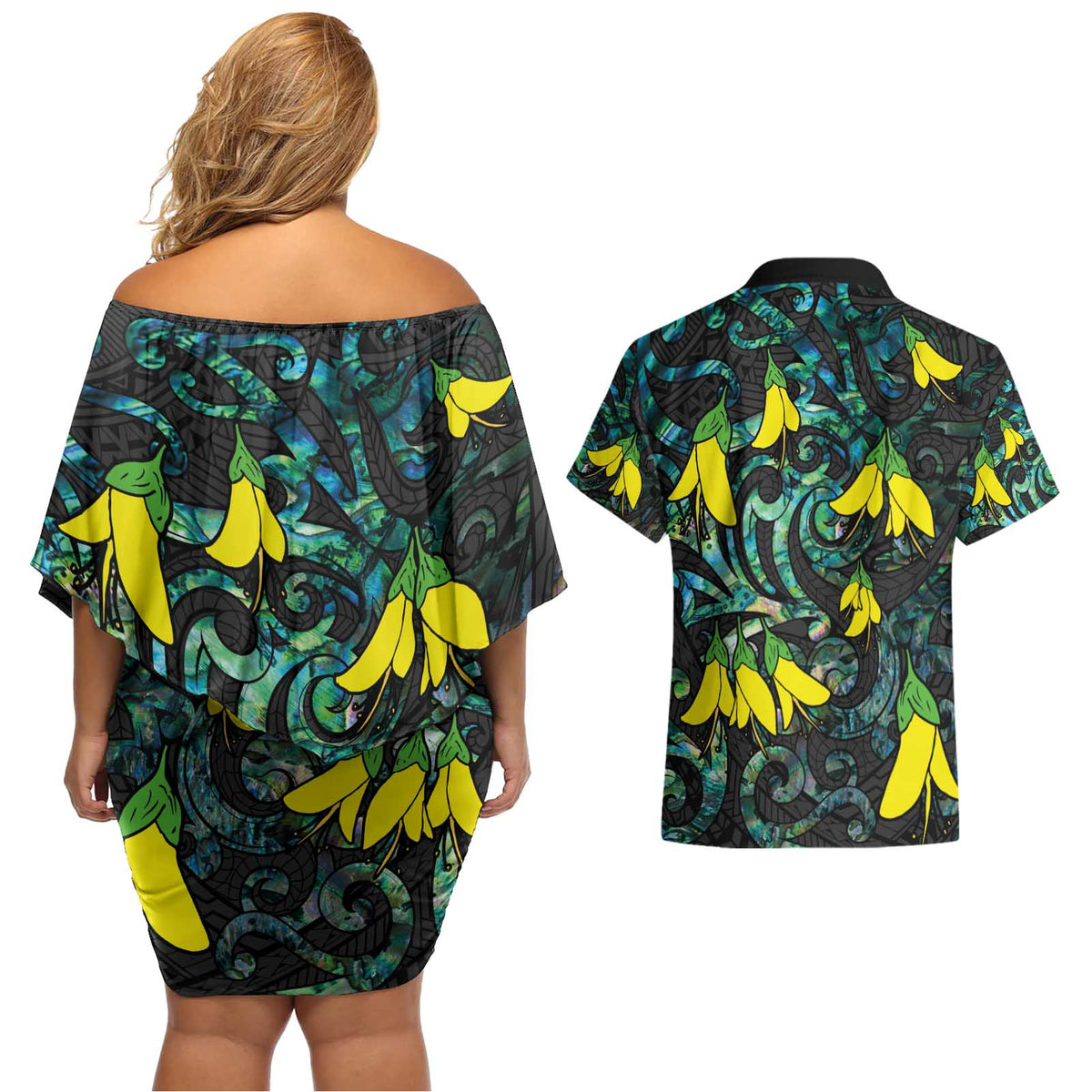 New Zealand Kowhai Flowers Couples Matching Off Shoulder Short Dress and Hawaiian Shirt Maori Koru Pattern With Paua Shell Style LT03 - Polynesian Pride