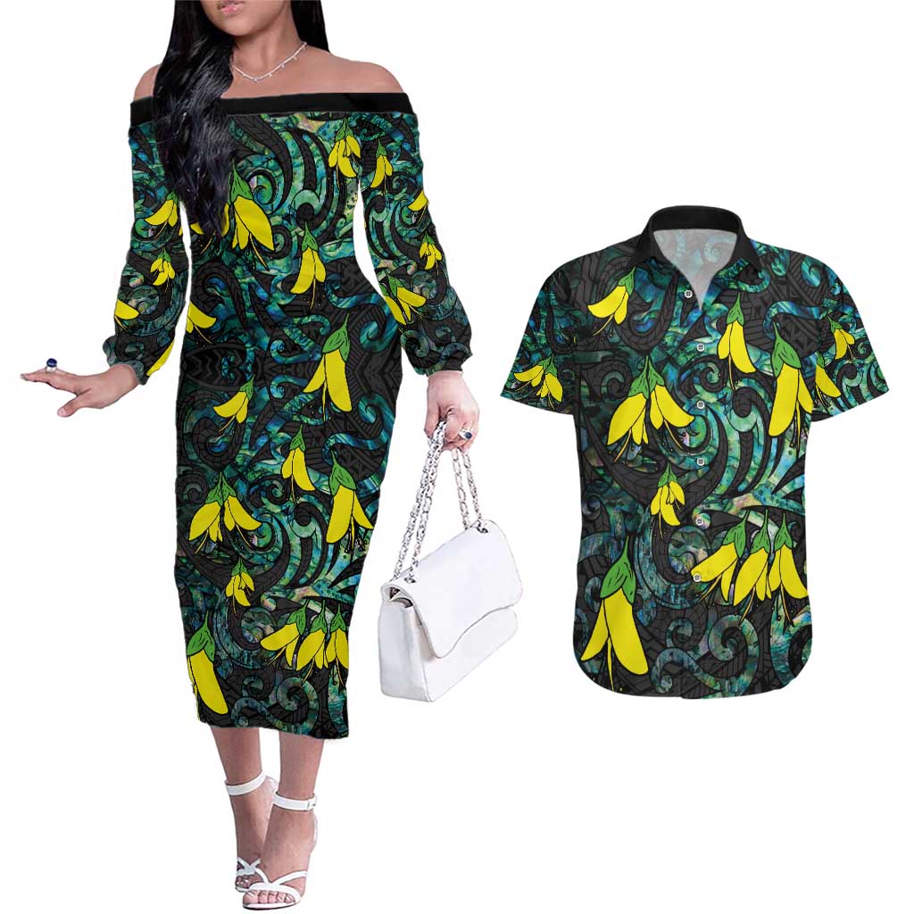 New Zealand Kowhai Flowers Couples Matching Off The Shoulder Long Sleeve Dress and Hawaiian Shirt Maori Koru Pattern With Paua Shell Style LT03 Black - Polynesian Pride
