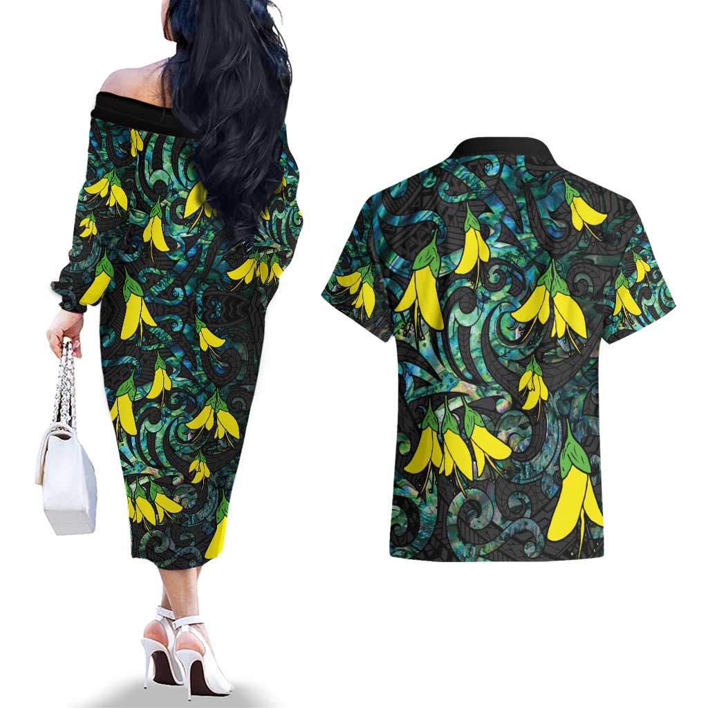 New Zealand Kowhai Flowers Couples Matching Off The Shoulder Long Sleeve Dress and Hawaiian Shirt Maori Koru Pattern With Paua Shell Style LT03 - Polynesian Pride
