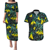 New Zealand Kowhai Flowers Couples Matching Puletasi and Hawaiian Shirt Maori Koru Pattern With Paua Shell Style LT03 Black - Polynesian Pride