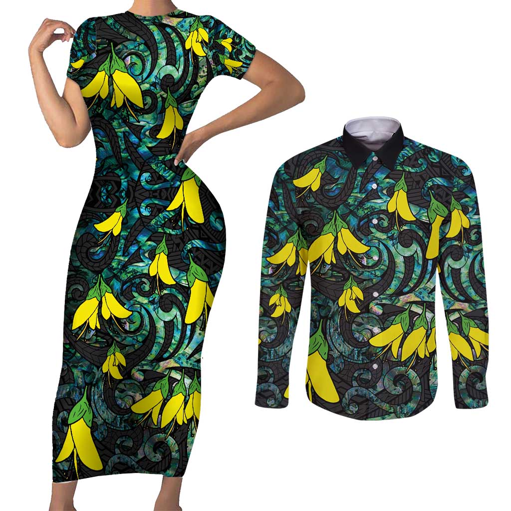 New Zealand Kowhai Flowers Couples Matching Short Sleeve Bodycon Dress and Long Sleeve Button Shirt Maori Koru Pattern With Paua Shell Style LT03 Black - Polynesian Pride