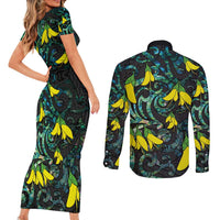 New Zealand Kowhai Flowers Couples Matching Short Sleeve Bodycon Dress and Long Sleeve Button Shirt Maori Koru Pattern With Paua Shell Style LT03 - Polynesian Pride