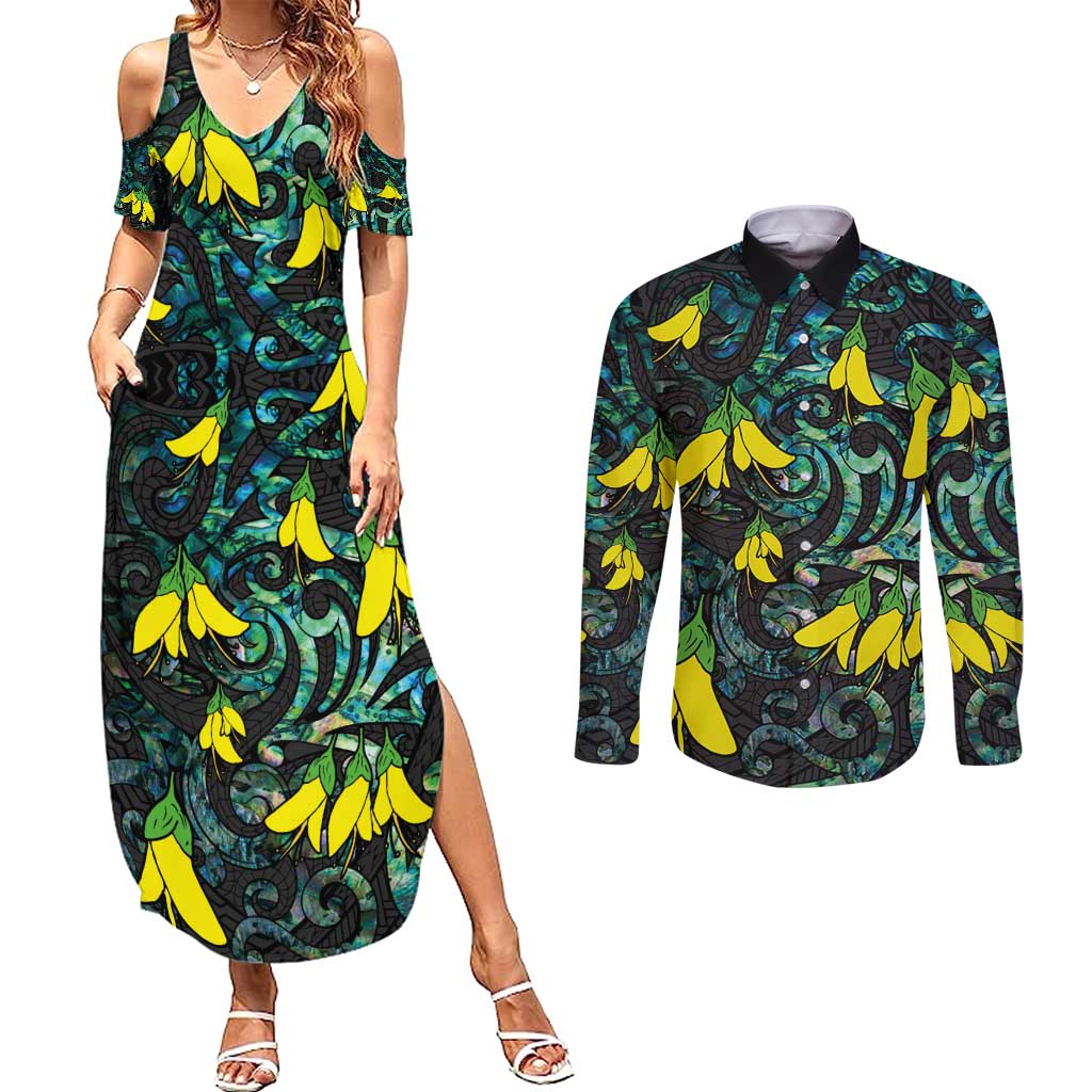 New Zealand Kowhai Flowers Couples Matching Summer Maxi Dress and Long Sleeve Button Shirt Maori Koru Pattern With Paua Shell Style LT03 Black - Polynesian Pride