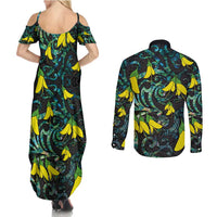 New Zealand Kowhai Flowers Couples Matching Summer Maxi Dress and Long Sleeve Button Shirt Maori Koru Pattern With Paua Shell Style LT03 - Polynesian Pride