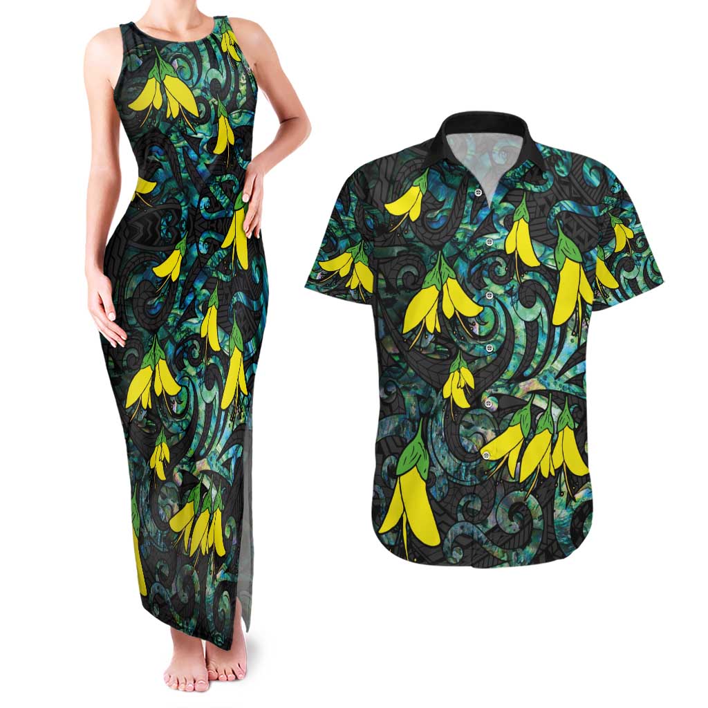 New Zealand Kowhai Flowers Couples Matching Tank Maxi Dress and Hawaiian Shirt Maori Koru Pattern With Paua Shell Style LT03 Black - Polynesian Pride