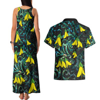 New Zealand Kowhai Flowers Couples Matching Tank Maxi Dress and Hawaiian Shirt Maori Koru Pattern With Paua Shell Style LT03 - Polynesian Pride