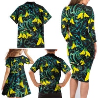 New Zealand Kowhai Flowers Family Matching Long Sleeve Bodycon Dress and Hawaiian Shirt Maori Koru Pattern With Paua Shell Style LT03 - Polynesian Pride