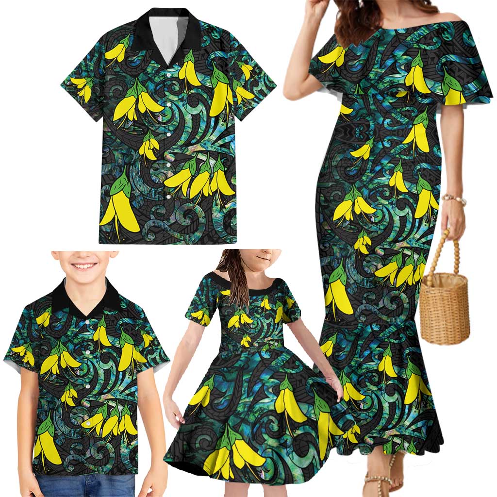 New Zealand Kowhai Flowers Family Matching Mermaid Dress and Hawaiian Shirt Maori Koru Pattern With Paua Shell Style LT03 - Polynesian Pride