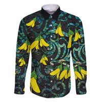 New Zealand Kowhai Flowers Family Matching Off The Shoulder Long Sleeve Dress and Hawaiian Shirt Maori Koru Pattern With Paua Shell Style LT03 Dad's Shirt - Long Sleeve Black - Polynesian Pride