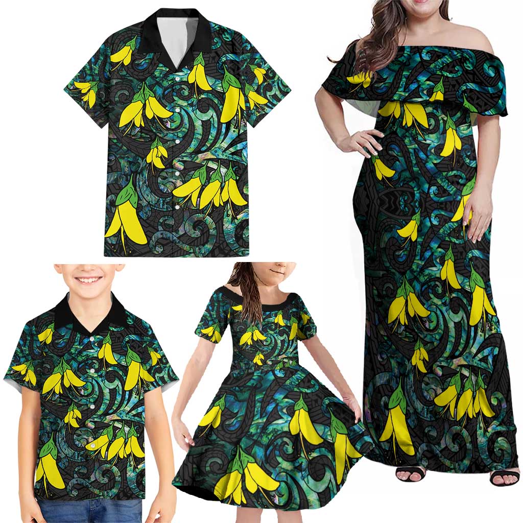 New Zealand Kowhai Flowers Family Matching Off Shoulder Maxi Dress and Hawaiian Shirt Maori Koru Pattern With Paua Shell Style LT03 - Polynesian Pride