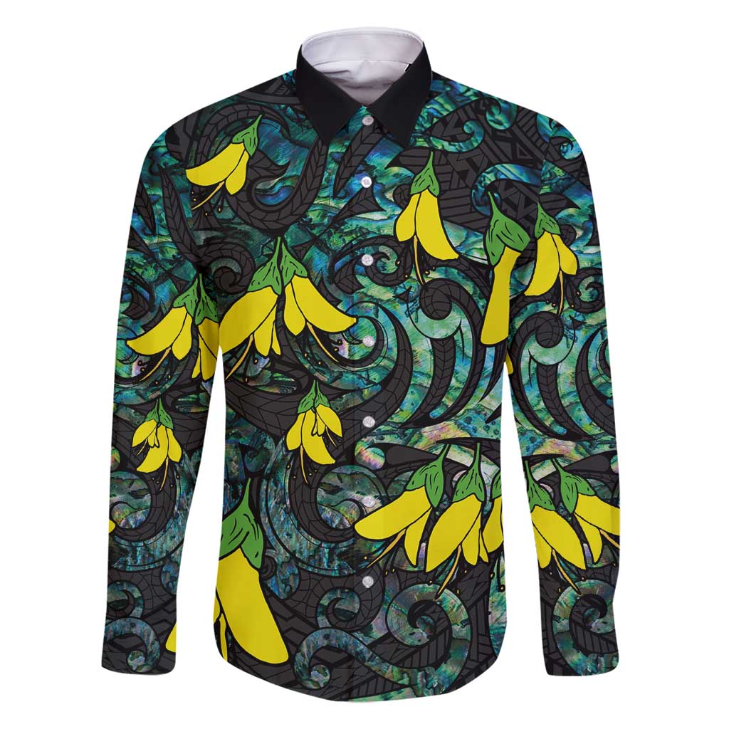 New Zealand Kowhai Flowers Family Matching Off Shoulder Maxi Dress and Hawaiian Shirt Maori Koru Pattern With Paua Shell Style LT03 Dad's Shirt - Long Sleeve Black - Polynesian Pride