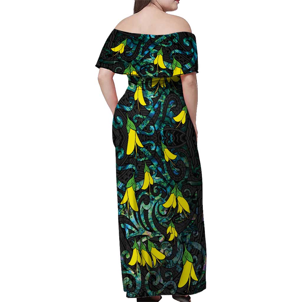 New Zealand Kowhai Flowers Family Matching Off Shoulder Maxi Dress and Hawaiian Shirt Maori Koru Pattern With Paua Shell Style LT03 - Polynesian Pride