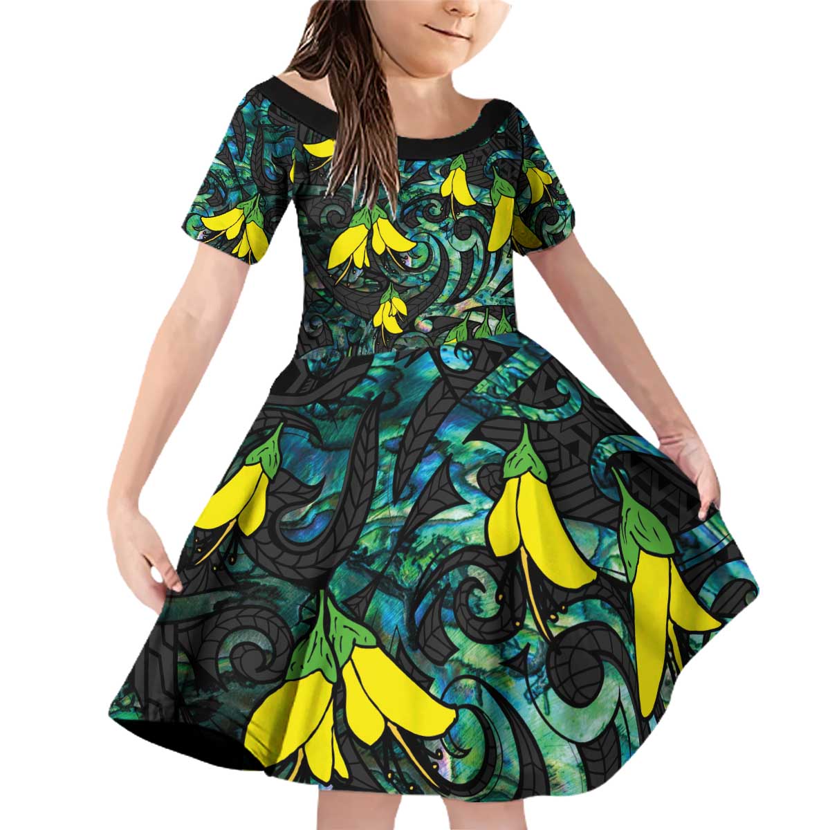 New Zealand Kowhai Flowers Family Matching Off Shoulder Short Dress and Hawaiian Shirt Maori Koru Pattern With Paua Shell Style LT03 Daughter's Dress Black - Polynesian Pride
