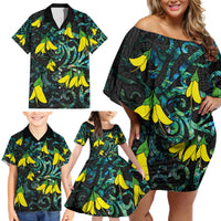 New Zealand Kowhai Flowers Family Matching Off Shoulder Short Dress and Hawaiian Shirt Maori Koru Pattern With Paua Shell Style LT03 - Polynesian Pride