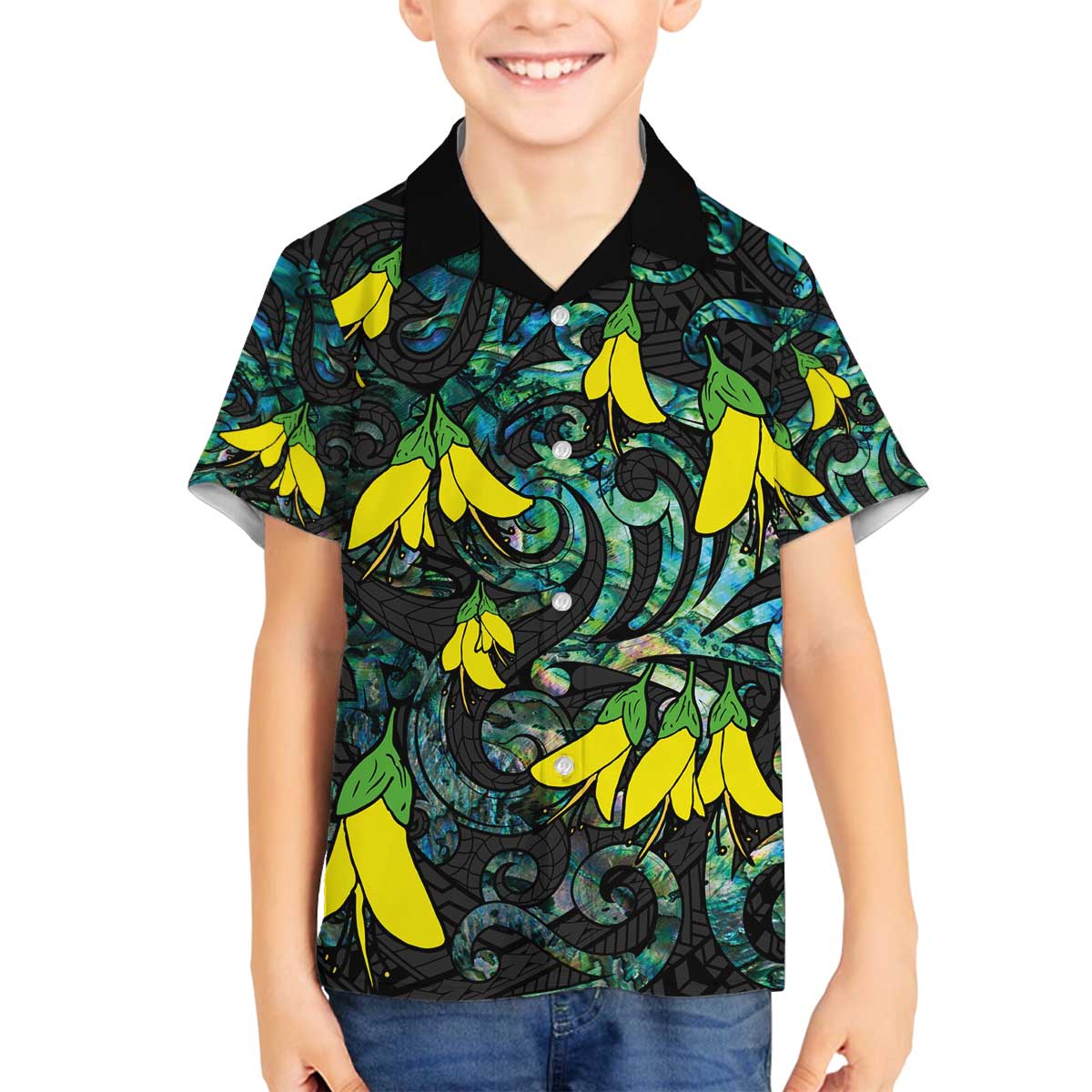 New Zealand Kowhai Flowers Family Matching Off Shoulder Short Dress and Hawaiian Shirt Maori Koru Pattern With Paua Shell Style LT03 Son's Shirt Black - Polynesian Pride