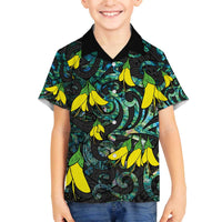 New Zealand Kowhai Flowers Family Matching Off Shoulder Short Dress and Hawaiian Shirt Maori Koru Pattern With Paua Shell Style LT03 Son's Shirt Black - Polynesian Pride