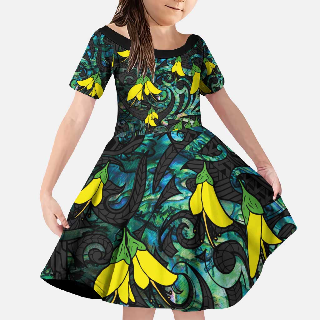 New Zealand Kowhai Flowers Family Matching Short Sleeve Bodycon Dress and Hawaiian Shirt Maori Koru Pattern With Paua Shell Style LT03 Daughter's Dress Black - Polynesian Pride