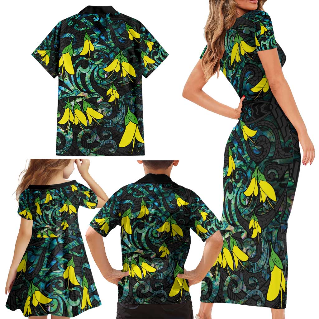 New Zealand Kowhai Flowers Family Matching Short Sleeve Bodycon Dress and Hawaiian Shirt Maori Koru Pattern With Paua Shell Style LT03 - Polynesian Pride