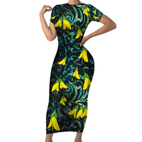 New Zealand Kowhai Flowers Family Matching Short Sleeve Bodycon Dress and Hawaiian Shirt Maori Koru Pattern With Paua Shell Style LT03 Mom's Dress Black - Polynesian Pride