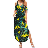 New Zealand Kowhai Flowers Family Matching Summer Maxi Dress and Hawaiian Shirt Maori Koru Pattern With Paua Shell Style LT03 Mom's Dress Black - Polynesian Pride