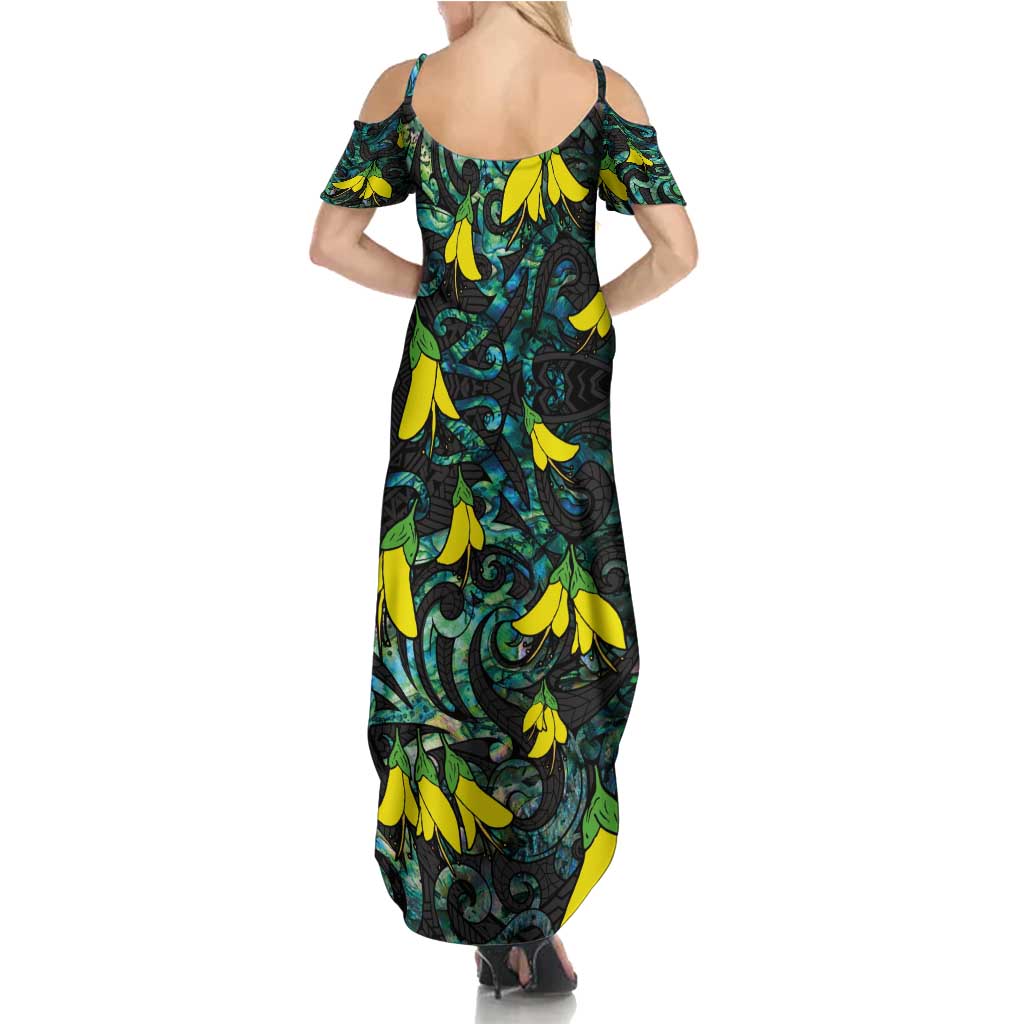 New Zealand Kowhai Flowers Family Matching Summer Maxi Dress and Hawaiian Shirt Maori Koru Pattern With Paua Shell Style LT03 - Polynesian Pride
