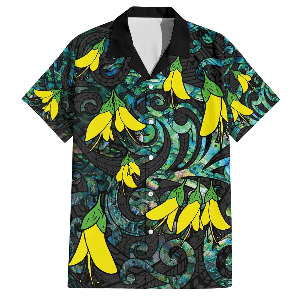 New Zealand Kowhai Flowers Family Matching Tank Maxi Dress and Hawaiian Shirt Maori Koru Pattern With Paua Shell Style LT03 Dad's Shirt - Short Sleeve Black - Polynesian Pride