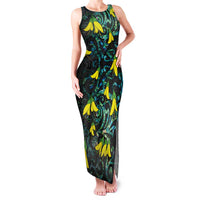 New Zealand Kowhai Flowers Family Matching Tank Maxi Dress and Hawaiian Shirt Maori Koru Pattern With Paua Shell Style LT03 Mom's Dress Black - Polynesian Pride