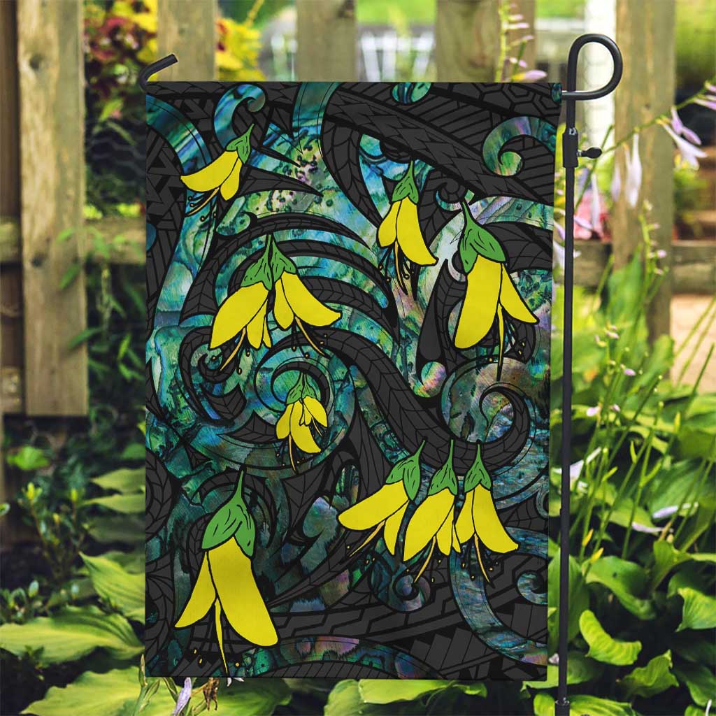 New Zealand Kowhai Flowers Garden Flag Maori Koru Pattern With Paua Shell Style LT03 Garden Flag Black - Polynesian Pride