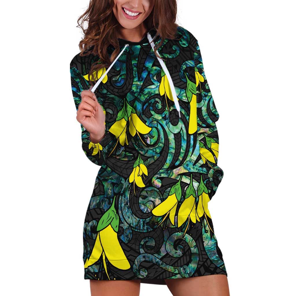 New Zealand Kowhai Flowers Hoodie Dress Maori Koru Pattern With Paua Shell Style LT03 Black - Polynesian Pride