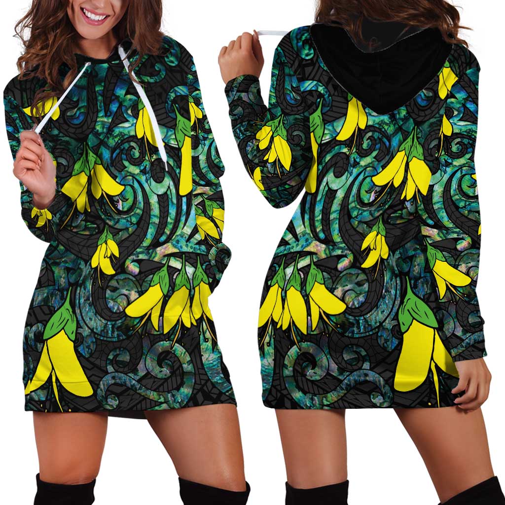New Zealand Kowhai Flowers Hoodie Dress Maori Koru Pattern With Paua Shell Style LT03 - Polynesian Pride