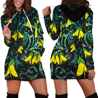 New Zealand Kowhai Flowers Hoodie Dress Maori Koru Pattern With Paua Shell Style LT03 - Polynesian Pride