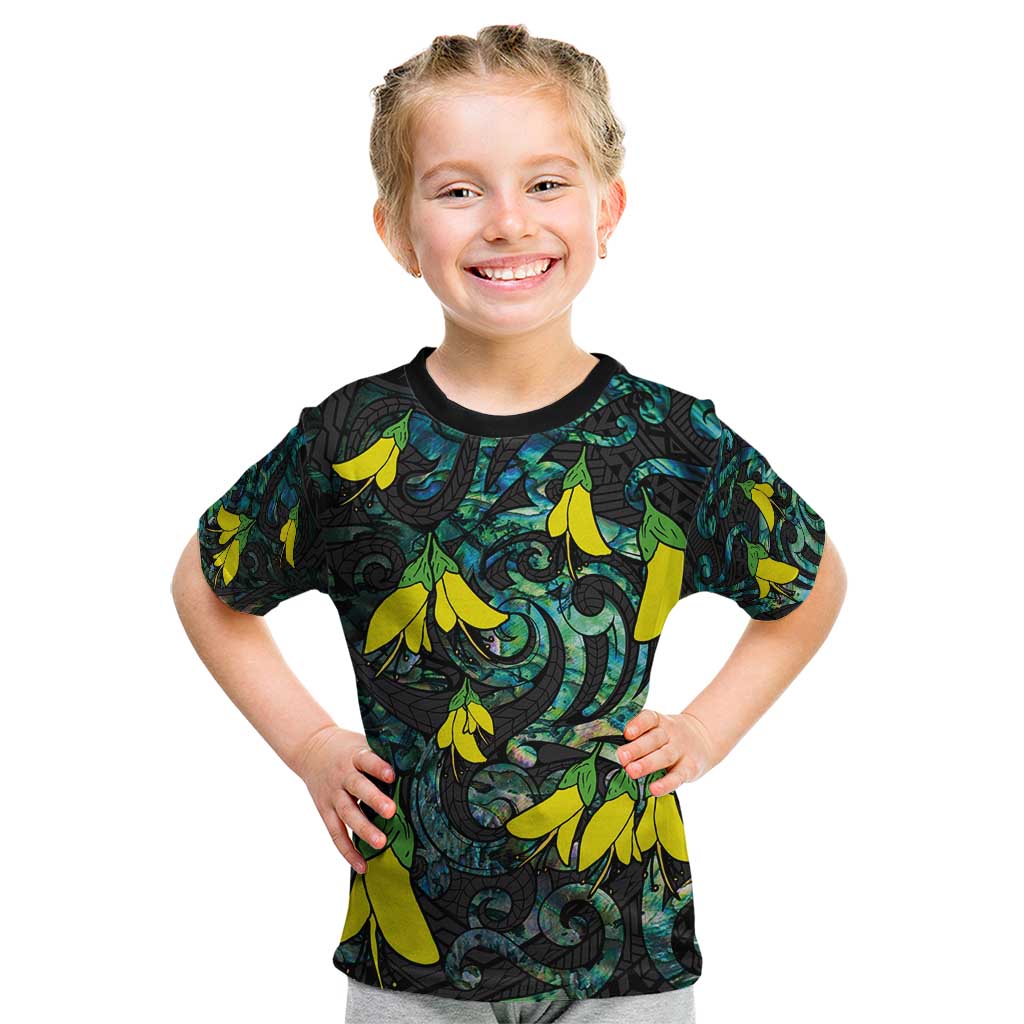 New Zealand Kowhai Flowers Kid T Shirt Maori Koru Pattern With Paua Shell Style LT03 Black - Polynesian Pride