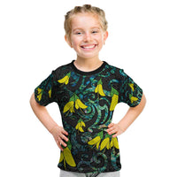 New Zealand Kowhai Flowers Kid T Shirt Maori Koru Pattern With Paua Shell Style LT03 Black - Polynesian Pride