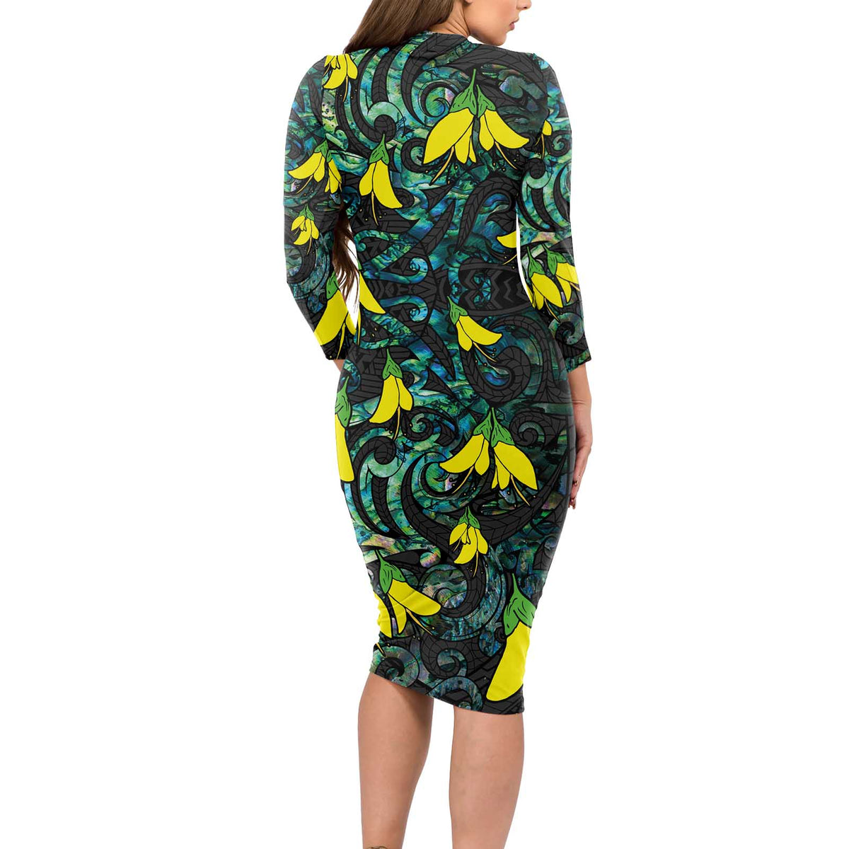 New Zealand Kowhai Flowers Long Sleeve Bodycon Dress Maori Koru Pattern With Paua Shell Style LT03 - Polynesian Pride