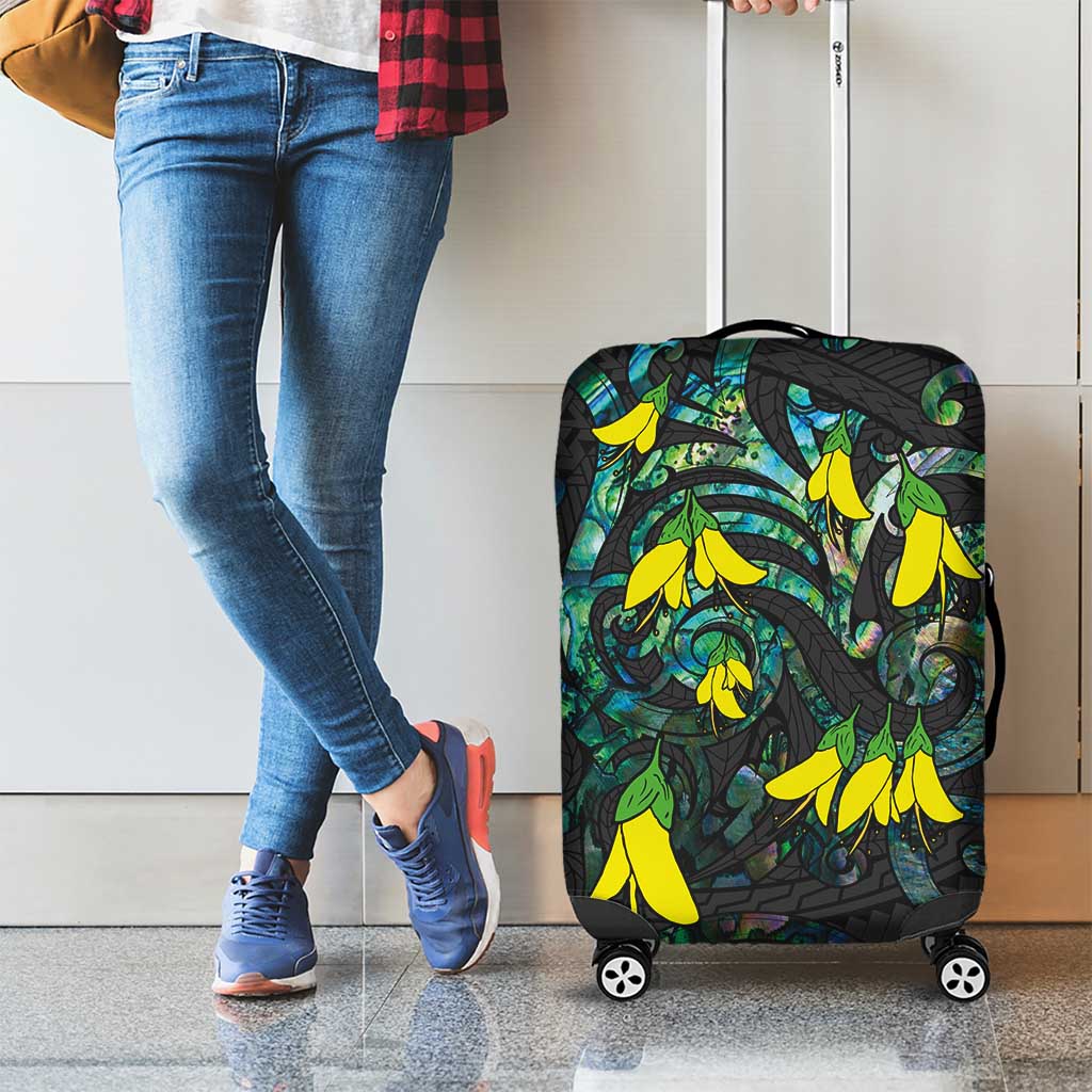 New Zealand Kowhai Flowers Luggage Cover Maori Koru Pattern With Paua Shell Style