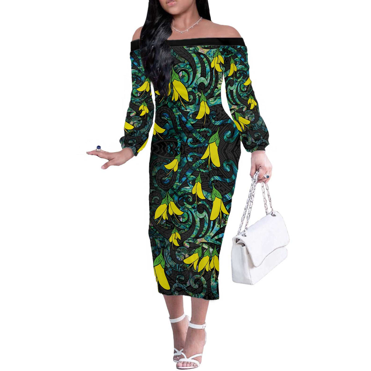 New Zealand Kowhai Flowers Off The Shoulder Long Sleeve Dress Maori Koru Pattern With Paua Shell Style LT03 Women Black - Polynesian Pride