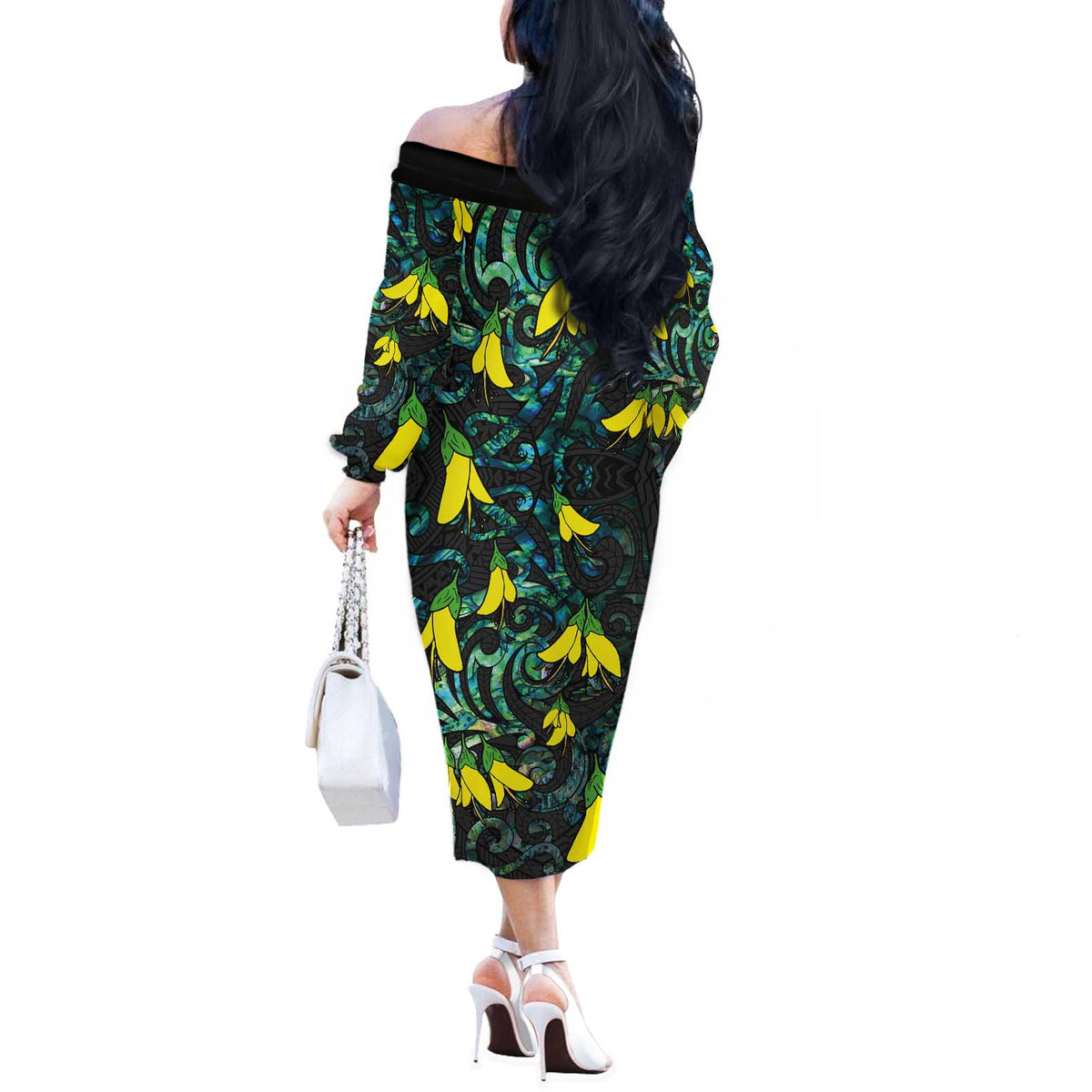 New Zealand Kowhai Flowers Off The Shoulder Long Sleeve Dress Maori Koru Pattern With Paua Shell Style LT03 - Polynesian Pride