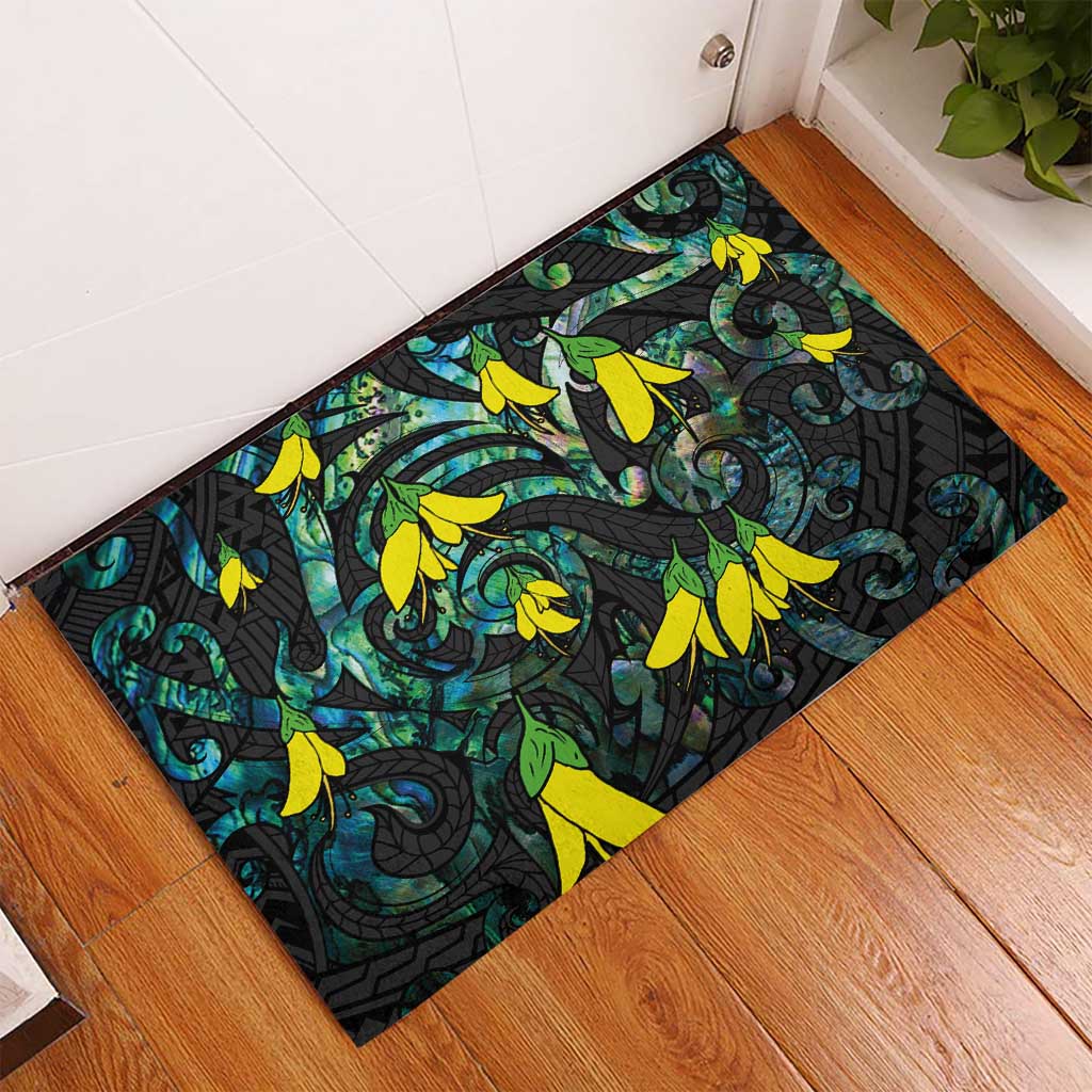 New Zealand Kowhai Flowers Rubber Doormat Maori Koru Pattern With Paua Shell Style