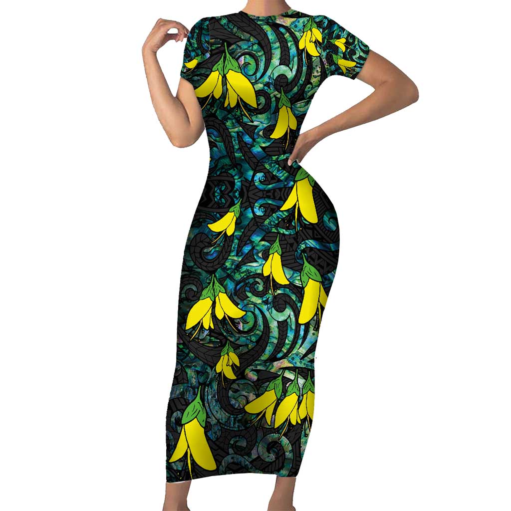 New Zealand Kowhai Flowers Short Sleeve Bodycon Dress Maori Koru Pattern With Paua Shell Style LT03 Long Dress Black - Polynesian Pride